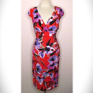Ralph Lauren Red Purple Black Floral Jersey Midi Dress Fitted Cap Sleeves 18 EUC
